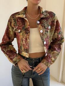 女士翻领长袖纽扣印花短款梭织休闲外套，适合所有季节度假穿着 - 花色 - 查看 5