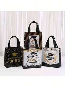 12pcs Graduation Non-Woven Tote Bags, Black & Gold Color, Reusable, Printed With Gold "Congratulations Graduate" Text, Handles, Graduation Party Decor, Gift Bags, Graduation Party Supplies, Small Gifts, Seasonal Decor, Gift Packaging Bags - Graduation Season Gift Bags - View 4