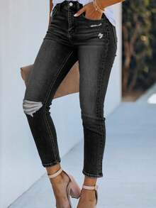 Women's Basic Ripped Distressed Skinny Jeans, Minimalist European And American Style Casual Spring - Dark Grey - View 4