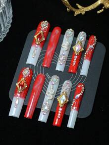 CrystalHola Handmade Coffin-Shaped Nails, Y2K Style Nails, Spring/Summer, Red & White Color With Rhinestones, Metallic Snakes, Ombre, French Tips, Pure Handmade Nails. Suitable For Women And Girls. 10 Pieces/Set, 3 Sizes. Fits Parties, Weddings, And Daily Wear. Includes Tools. Great Gift For Ladies' Nail Supplies. - Multicolor - View 2
