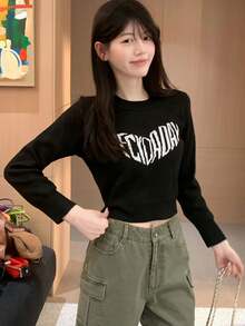 Áo thun crop tay dài vai thường, thiết kế retro ngọt ngào và quyến rũ dành cho nữ, thích hợp mùa thu/đông. - màu đen - Xem 2