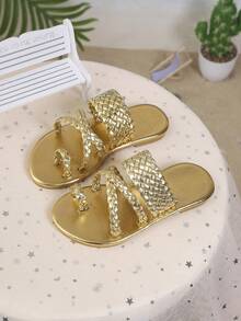 1 Pair Fashionable & Comfortable Metallic Gold Woven Criss-Cross Thong Sandals - Gold - View 7