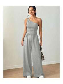 Women's Long Jumpsuit, Wide Leg, Tank Top, One-Shoulder, Draped, International Fashion - 灰色 - 查看 2
