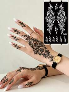 Hana手绘镂空花卉纹身模板 - 性感花卉图案，适用于手部、DIY绘画、墨水，可重复使用的曼陀罗设计模板贴纸，适合女性身体派对妆容 - 黑色 - 查看 1
