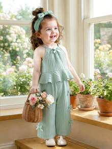 Baby Girls' Solid Color Spaghetti Strap Bowknot Ruffle Hem Top And Straight Leg Pants 2 Piece Outfit, Suitable For Daily Outings In Spring/Summer - Green - View 4