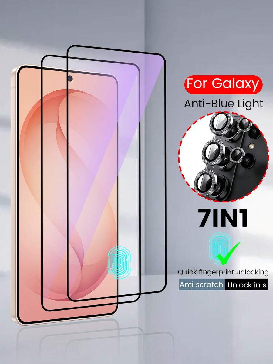 Blue Android Mobile Phone Screen Protector [7/5 In 1] Screen Protector For Galaxy S26 Ultra/S26/S26+, Anti-Blue Light, Eye Protection, Fast Unlock, Anti-Scratch, Waterproof, Anti-Drop, Unbreakable Edges, Electroplated Oil-Repellent Layer, Anti-Shock Cushion, Hydrophobic And Oleophobic, Smooth Surface, Anti-Scratch Film Camera Lens Protector Set Spring Gift