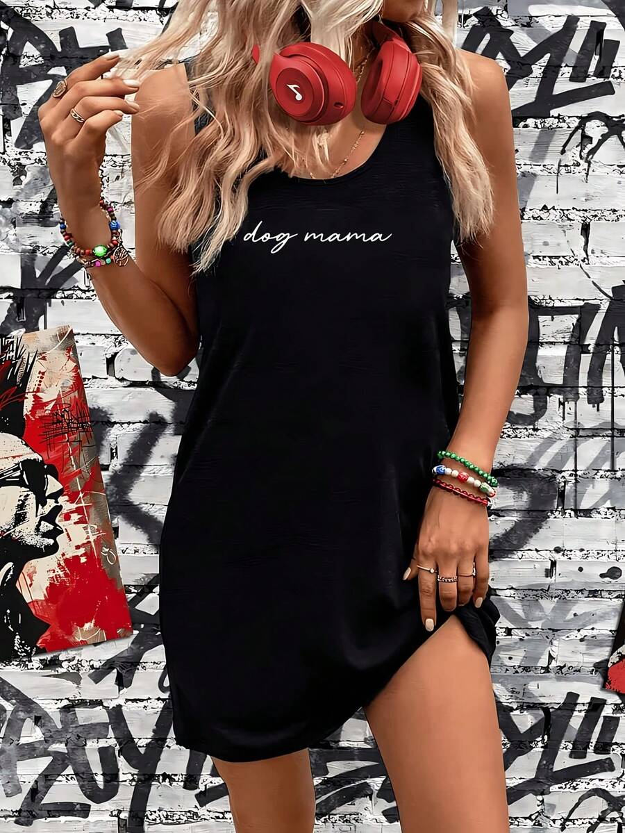 Dog Mama 1 Pcs Plus Size Women's Sleeveless Beach Dress Fashion Summer Dress Sundress 100% Polyester Casual Simple Crew Neck Tank Dress 220g - 黑色 - 查看 1