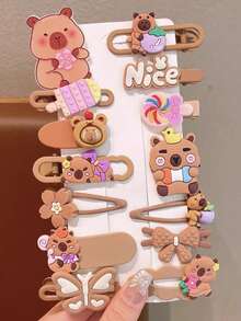 14pcs Capybara Side Clip, Woodland Style Brown Bangs Clip, Cute Hamster Hair Accessories - Multicolor - View 8