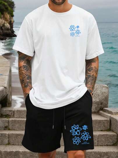 男士加大码T恤套装，休闲基础款圆领短袖T恤+运动短裤，男士时尚印花上衣套装