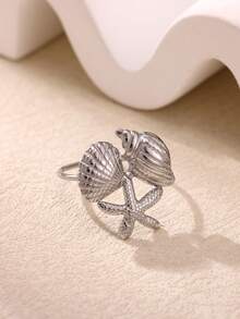 Women's Stainless Steel Starfish & Shell Combination Adjustable 18K Gold Plated Waterproof Elegant Ring, Suitable For Summer Beach, Wedding, Travel, Best Friend Birthday Gift - Multicolor - View 8