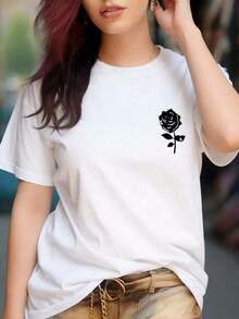 Camiseta Blanca de Manga Corta con Cuello Redondo y Estampado de Rosas, Camiseta Casual para Mujer, Ropa Linda para Chicas, Top de Moda Urbana Y2K - Blanco - Ver 2