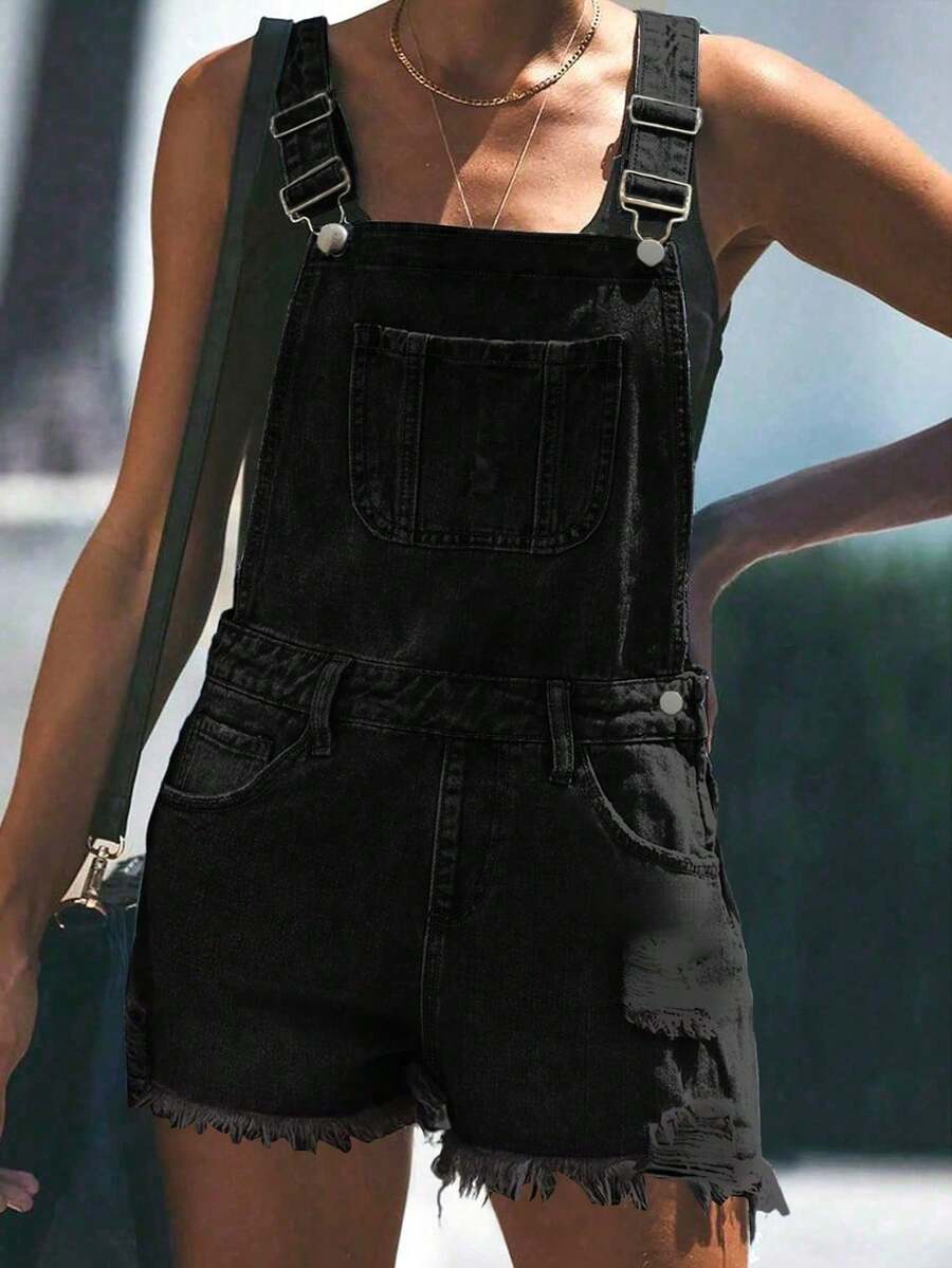Women's Medium Blue Distressed Denim Bib Shorts With Frayed Hem - Casual Ripped Bib Shorts Black Summer