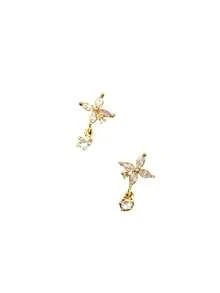 Bông tai hình hoa đính đá Cubic Zirconia thanh lịch - Nhẫn hình bướm đính đá Cubic Zirconia có thể điều chỉnh kích thước thời trang - Nhẫn hở hình hoa đôi sang trọng duyên dáng. - Vàng - Xem 3