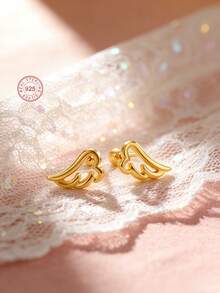 Artepollo 1 par de pendientes de botón con diseño de alas pequeñas de plata de ley 925, hipoalergénicos, delicados y compactos, con empaque de caja de regalo, regalo de cumpleaños para amigos - Unitalla - Ver 2