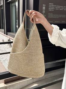 1pc Women's Solid Color Straw Shoulder Bag, Large Capacity, Fashion, Suitable For Commuting, Shopping, Vacation - Khaki - View 7