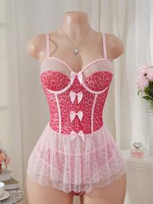 Bộ đồ ngủ lưới hở lưng quyến rũ họa tiết da báo và chấm bi dành cho ngày Valentine - Hồng - Xem 1