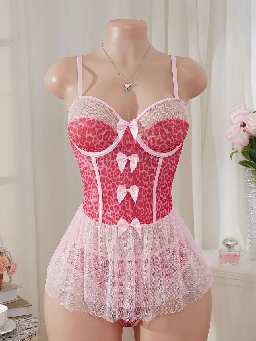 Bộ đồ ngủ lưới hở lưng quyến rũ họa tiết da báo và chấm bi dành cho ngày Valentine - Hồng - Xem 1