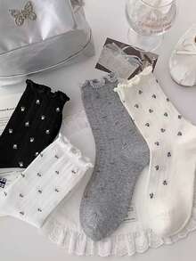 4 Pairs Frill Trim Polka Dot Cute Student White Sports Cuff Socks, Autumn/Winter - Multicolor - View 2