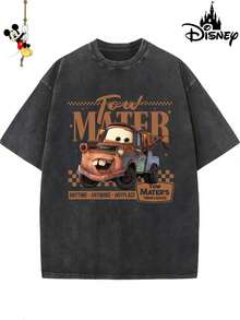 Disney Men's Premium 230g Washed Cotton T-Shirt, Tow Mater Towing Print, Funny & Rustic Design, Ideal For Cars Fans & Casual Outings - 黑色 - 查看 1