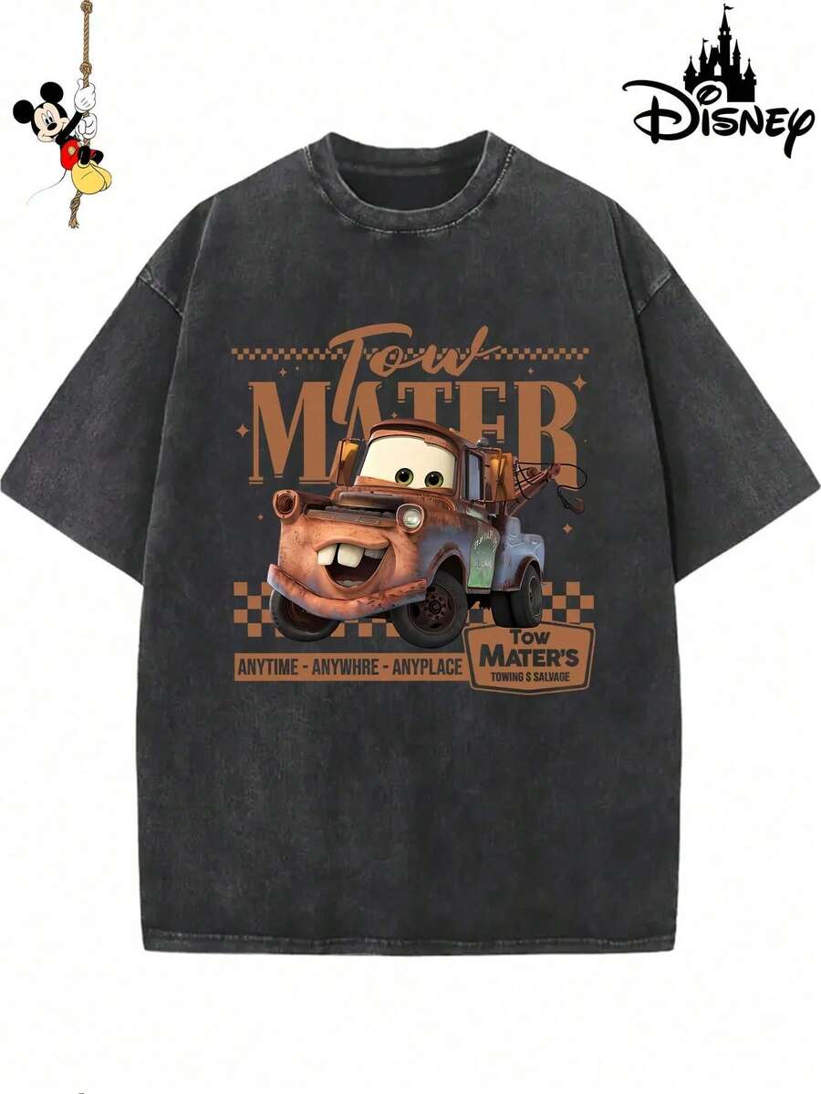 Disney Men's Premium 230g Washed Cotton T-Shirt, Tow Mater Towing Print, Funny & Rustic Design, Ideal For Cars Fans & Casual Outings - 黑色 - 查看 1