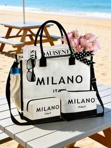 This Women's Beach Themed Handbag Set Features The Artistic "Milano Italy" Logo And Includes A Large Capacity Handbag And Two Makeup Bags. - Multicolor - View 7