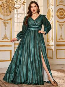 SUPGIR 【随机裁剪】钥匙孔领灯笼袖碎花雪纺优雅开衩下摆晚礼服 - 墨綠色 - 查看 4