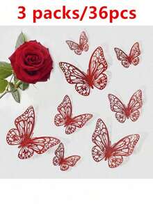 12 pièces/set Autocollants muraux 3D papillon, convient pour la décoration de gâteau, la décoration de mariage, la décoration de salon, autocollants, décalcomanies murales, décalcomanies en vinyle, décoration d'intérieur, décorations de printemps, renouvelez votre maison, cadeau d'autocollant décoratif Rama, décoration d'anniversaire de remise des diplômes d'école, surprise d'école, décoration de dortoir, retour à la décoration de la salle de classe, fournitures scolaires - Rouge - Voir 9