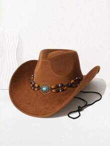 A Western Country Cowboy Hat Made Of Faux Suede Fabric, Paired With A Windproof Rope And Hand-Stitched Wooden Beads Set With Sapphires, Suitable For Daily Leisure, Music Festivals, And Parties. - Deerskin Heart - View 4