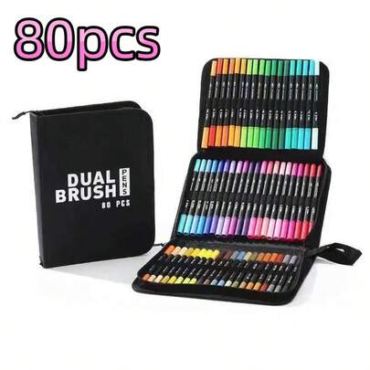 80 Colors Dual Tip Watercolor Brush Pens, Fine Point & Flexible Brush, 80 Vivid Colors For Painting, Sketching And Crafts | Plastic Material With Portable Storage Case | Ideal Christmas Gift For Artists, Hobbyists And Beginners | All-Surface Marker Pens For Paper, Fabric, Wood, Metal, Glass, Creative Hobby, Art Essential, Multipurpose Design, High-Quality Nibs, Smooth Ink Flow, Drawing Pens