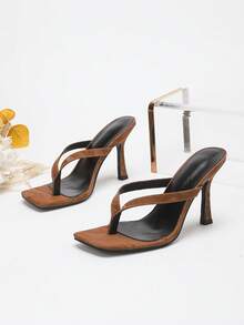 女士经典时尚人字拖高跟凉鞋，优雅舒适，适合派对和休闲场合穿着。 - 棕色 - 查看 3