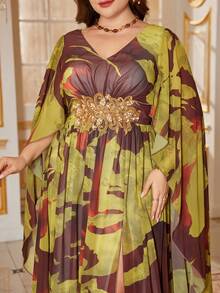 SUPGIR Heart-Shaped Collar Cape Sleeve Heavily Embellished Sequins Splice Decor Elegant Split Hem Evening Gown - Mustard Yellow - View 6