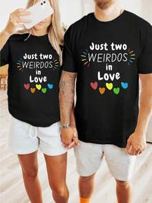 Entrega Local - 1 Camiseta de Pareja, Dos Conjuntos Temáticos de Pareja Enamorada, Camiseta Casual Moderna con Estampado para Hombre/Mujer, Top de Verano de Manga Corta Cómodo y Suave - 1 pieza - Mujer - Negro - Ver 7