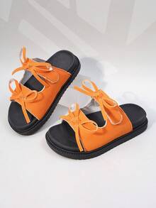 1 Pair Girls' Sweet Suede Bow Slide Sandals For Beach & Everyday Summer Use - Burnt Orange - View 7