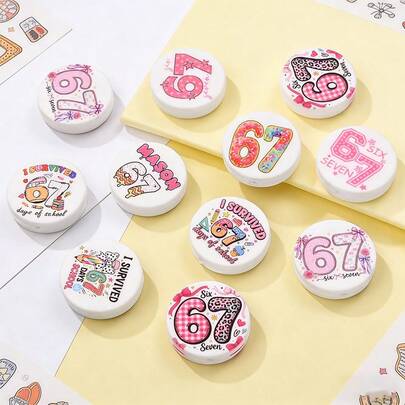 5pcs Pink Viral Meme 67 Print Silicone Beads, 28mm College Style Perforated Beads, Versatile DIY Graduation Souvenir/Teacher Gift/Back To School Gift Craft For Bracelets, Necklaces, Bag Charms