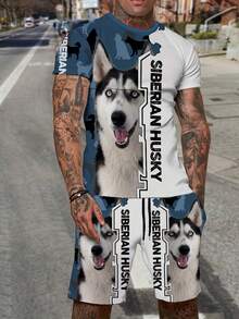 Ensemble de sport décontracté pour hommes avec imprimé chien husky, costume à manches courtes imprimé en 3D, chemise à col rond surdimensionnée, ensemble 2 pièces - Couleurs mélangées - Voir 6