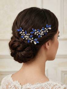 2件套优雅藏蓝色水晶叶形发夹，新娘婚礼派对U型发饰，奢华仿水晶发卡 - 藍色 - 查看 6