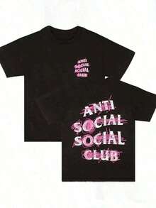 Double-Sided Printed Cotton T-Shirt, Printed With The Anti Social Club, Suitable For Daily Wear, Summer Casual Clothing, Slightly Elastic, Breathable, Outdoor Vacation Sports, Gift T-Shirt, Holiday Gift, Perfect Gift. - Black - View 1
