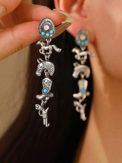 A Vintage Western Cowboy Style Earring, Bohemian Alloy Cow Head Shoe, Hat And Earring