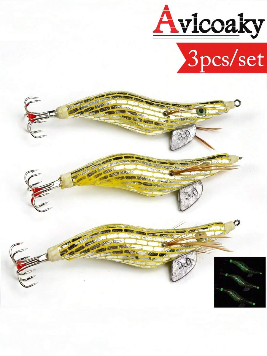 Avlcoaky 3件套 11厘米 虾形钓鱼路亚 夜光鱿鱼钩 虾形对虾路亚 人工硬饵 - 黃色 - 查看 1