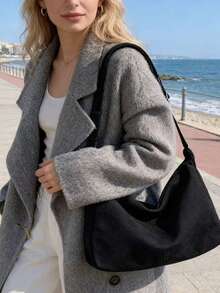 1pc Velvet Handbag, Soft Shoulder Bag, Minimalist Large Capacity Crossbody Tote Bag, Suitable For Daily Commute And Travel, Christmas/Valentine's Day Gift - Black - View 3