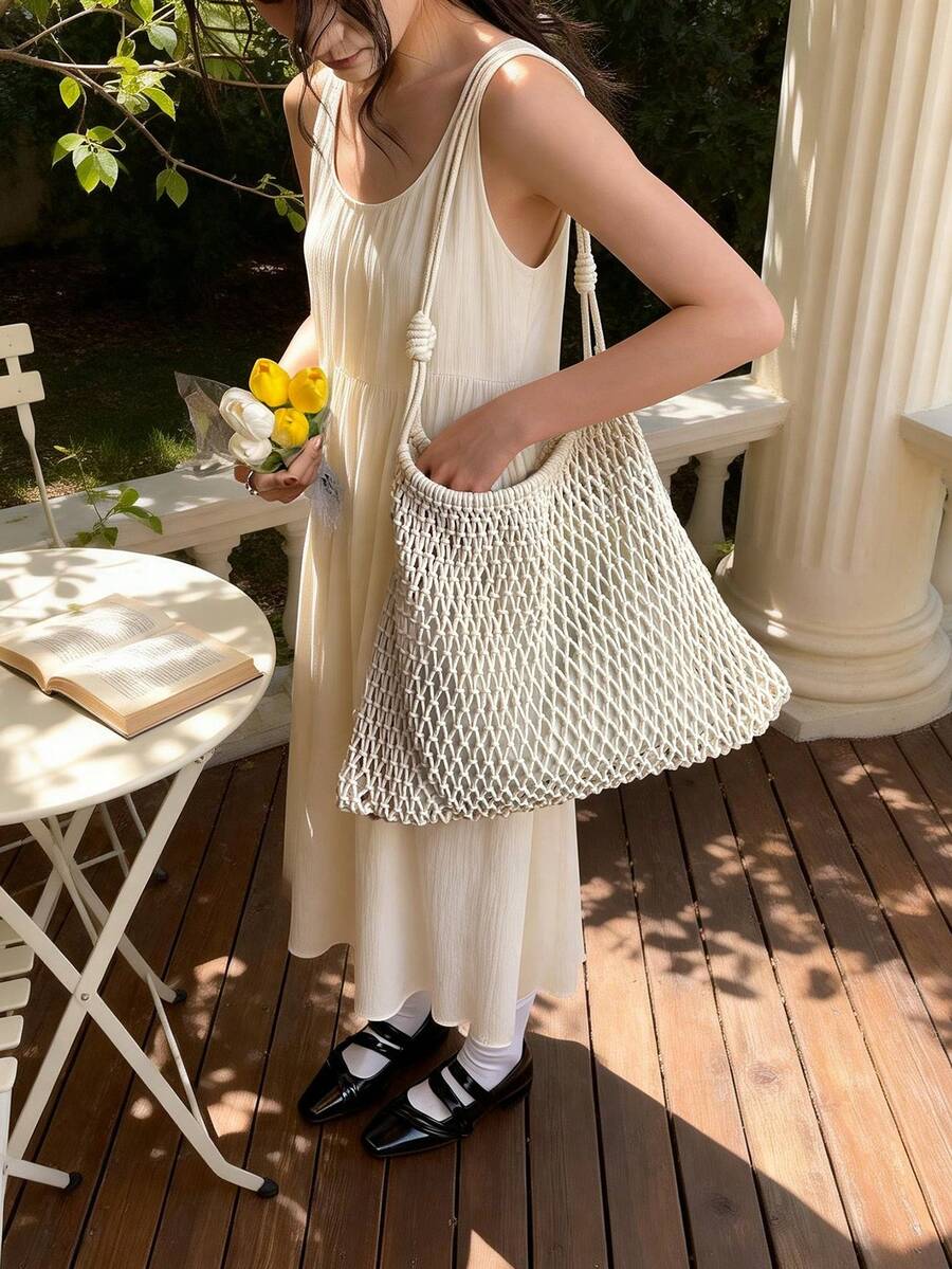 女士镂空钩编单肩手提包 夏季海滩度假手工编织大号包