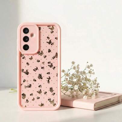 1个波点蝴蝶结黑色领结，简约可爱复古欧美INS风时尚美少女款，哑光粉色镜框阶梯设计全包防摔软壳，适用于三星/Galaxy/荣耀/传音/摩托罗拉手机保护套