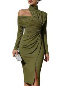 Ladies' French Summer Fashion Solid Color Elegant Asymmetric Design Olive Green Hanging Neck Off Shoulder Wrinkled Long Sleeve Off Shoulder Split Hip Wrapping Dress Elegance Slimming Medium Length Dress - xanh quân đội - Xem 4