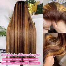 32英寸 #4/27 高光假发，真人前额发，13x4/13x6 直发高清蕾丝前假发，真人混纺发，巴西原生发，预先拔毛，预先修剪，5x5/5x7 佩戴即用，无需胶水，带婴儿发，女士假发，200% 密度 - SP4/27 - 查看 8