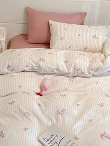 柔软透气花卉床品套装，3件套 - 米粉色条纹花卉设计，精选合成面料，易于打理且不易褪色，触感柔软，四季皆宜，网红同款，（1件被套+2件枕套，不含被芯和枕芯，枕套图案随机裁剪），单人/双人/小号/大号/特大号 - 粉色 - 查看 11