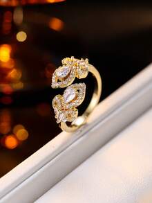 1枚奢华简约双叶水滴形锆石镶嵌独特设计戒指，适合日常佩戴 - 開口戒指 - 查看 18