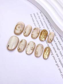 10pcs Middle Oval Press On Nails With Golden Sparkling Bases, Moon - Star Patterns, Star Elements, Rhinestone Accents & 3D Golden Texture Design Shiny 100% Handmade Press On Acrylic Nails Reusable Nail Supplies For Women's Daily Or Party Wear - Multicolor - View 3