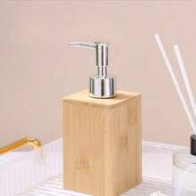 1个复古竹制皂液器，带银色按压头 - 天然竹框，6.76盎司/13.53盎司可填充，适用于洗手液和洗洁精，独立式浴室和厨房台面装饰，乡村风格皂液瓶架 - A - 查看 1