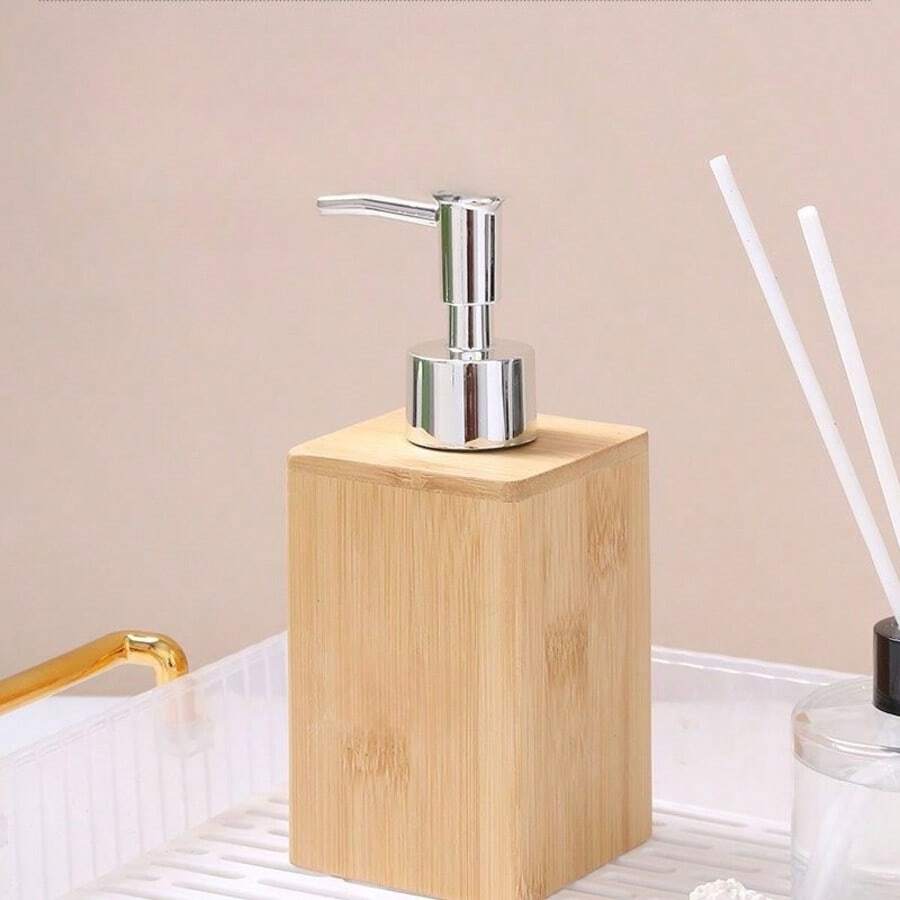 1个复古竹制皂液器，带银色按压头 - 天然竹框，6.76盎司/13.53盎司可填充，适用于洗手液和洗洁精，独立式浴室和厨房台面装饰，乡村风格皂液瓶架 - A - 查看 1
