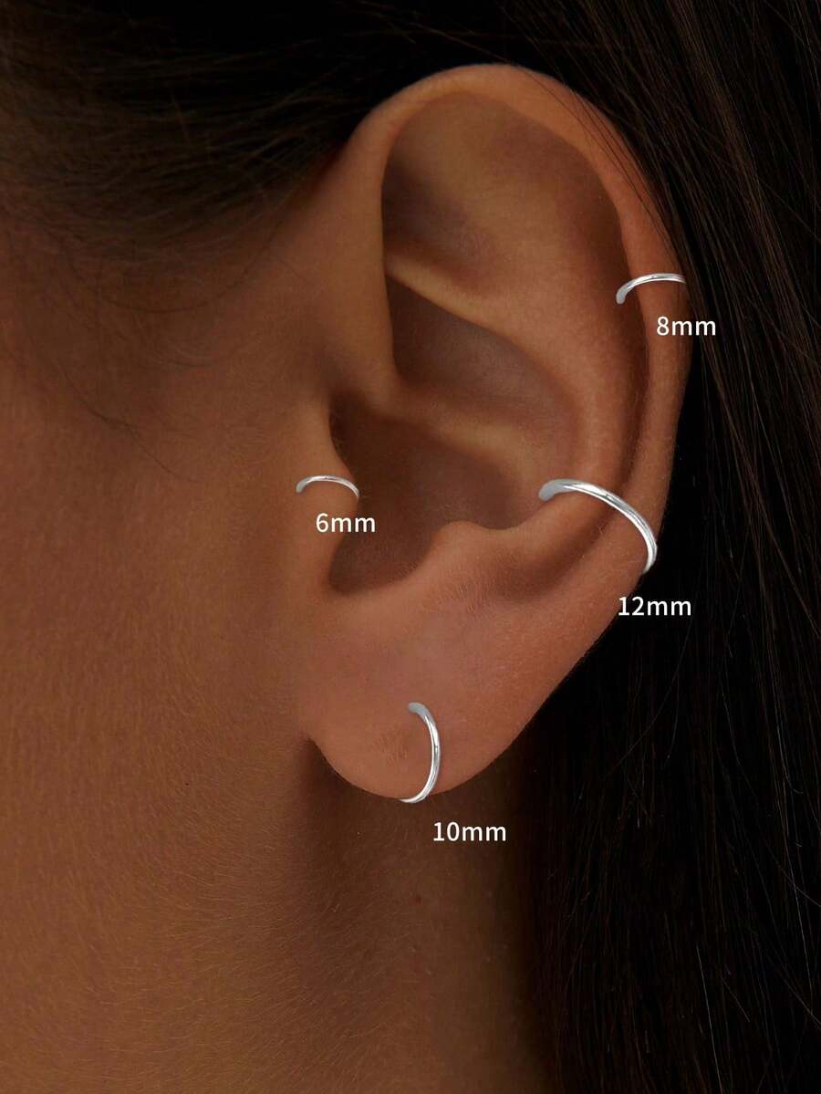 1pc 925 Sterling Silver Plated Earrings Set - Earrings, Eyebrow Rings, Cartilage Hoops, Small Circular Earrings. 925 Pure Silver Earrings With Anti-Allergy Function - Single - View 1